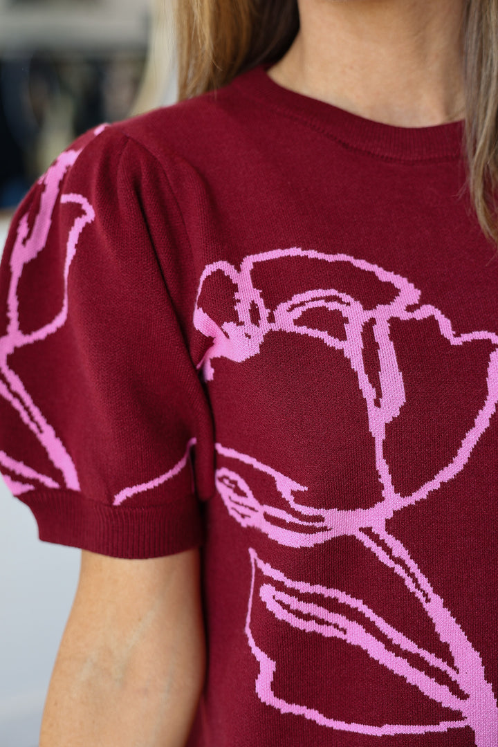 Short Sleeve Sweater Top - Burgundy