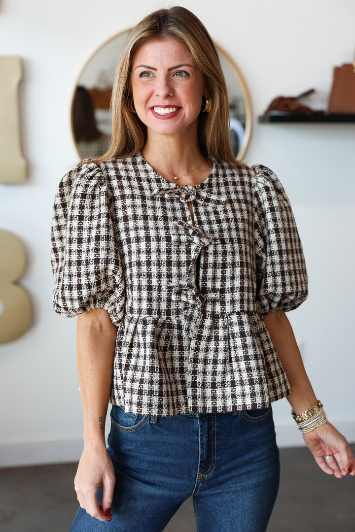 Front Tie Plaid Blouse - Brown