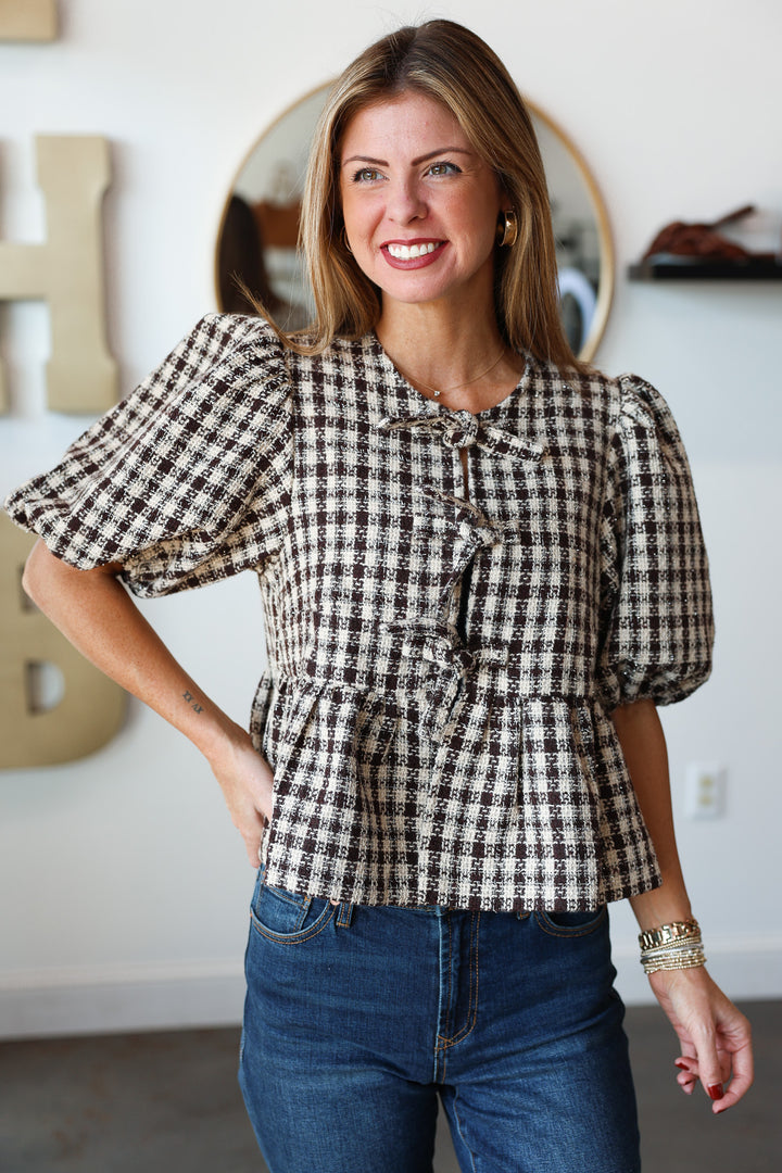 Front Tie Plaid Blouse - Brown