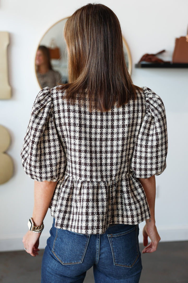 Front Tie Plaid Blouse - Brown