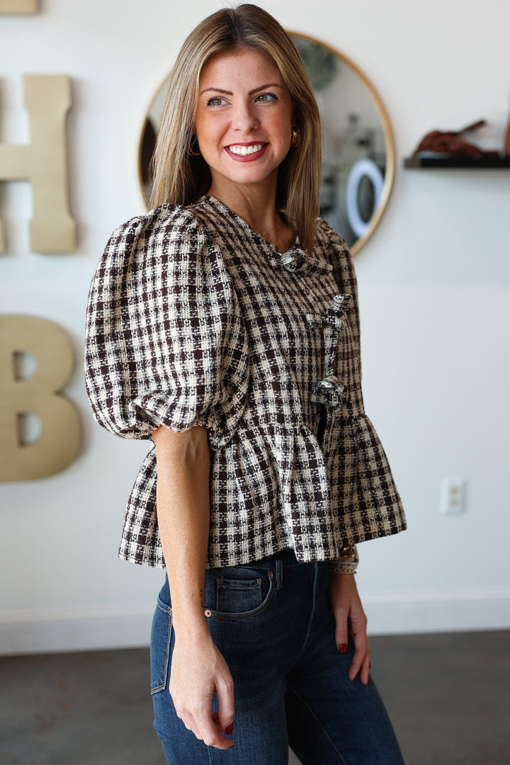 Front Tie Plaid Blouse - Brown