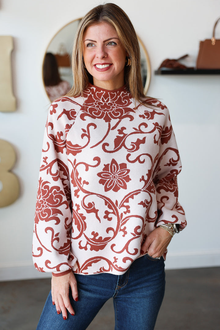 Mock Neck Printed Sweater - Red Brown
