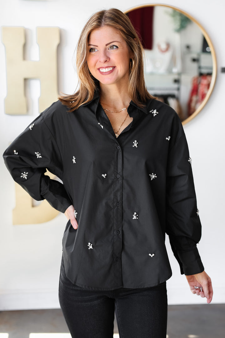 Rhinestone Detail Button Down - Black