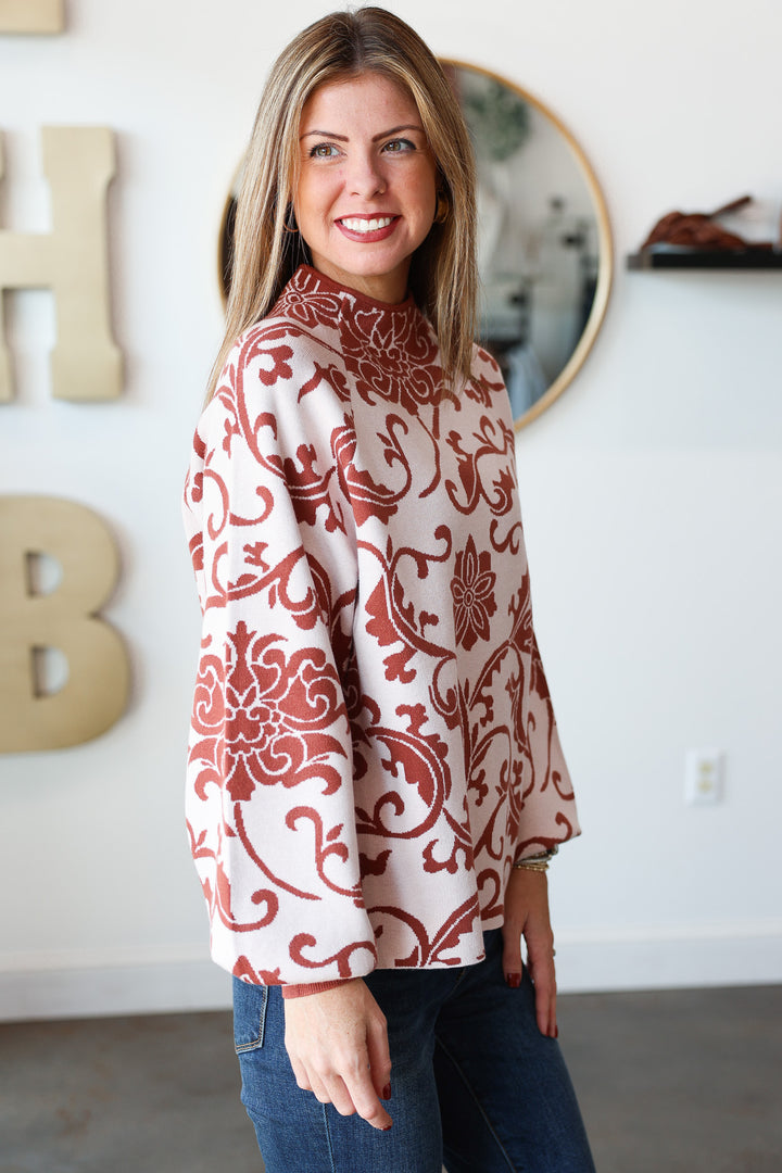 Mock Neck Printed Sweater - Red Brown