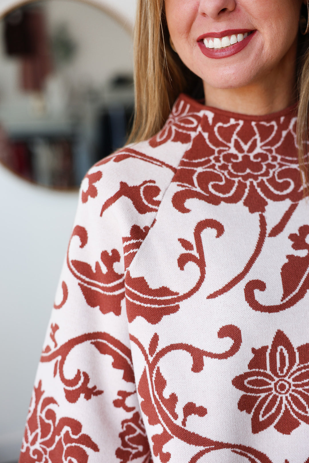 Mock Neck Printed Sweater - Red Brown