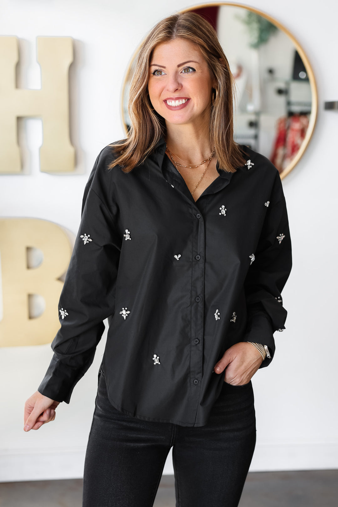 Rhinestone Detail Button Down Black – Ivy House Boutique