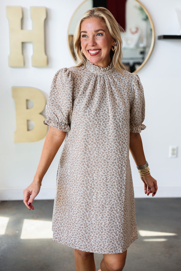 Textured Ruffle Neck Dress - Taupe