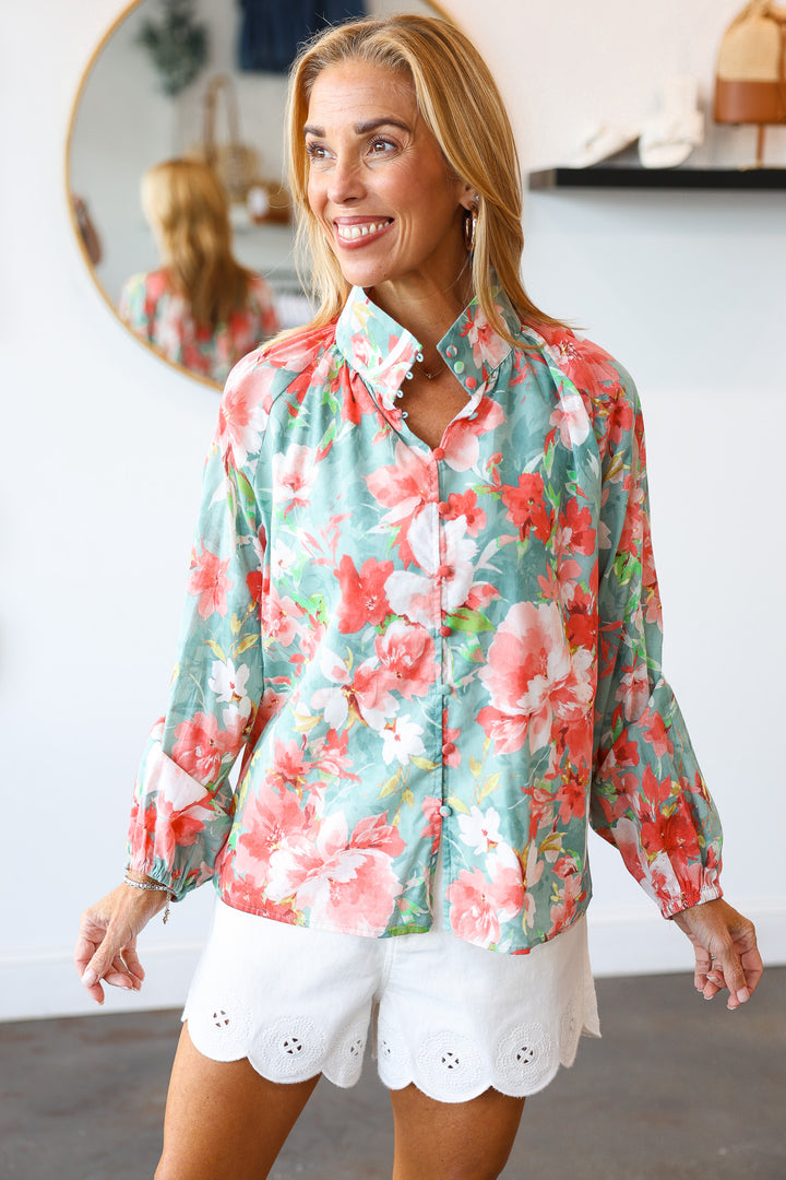Button Front Floral Top - Seafoam