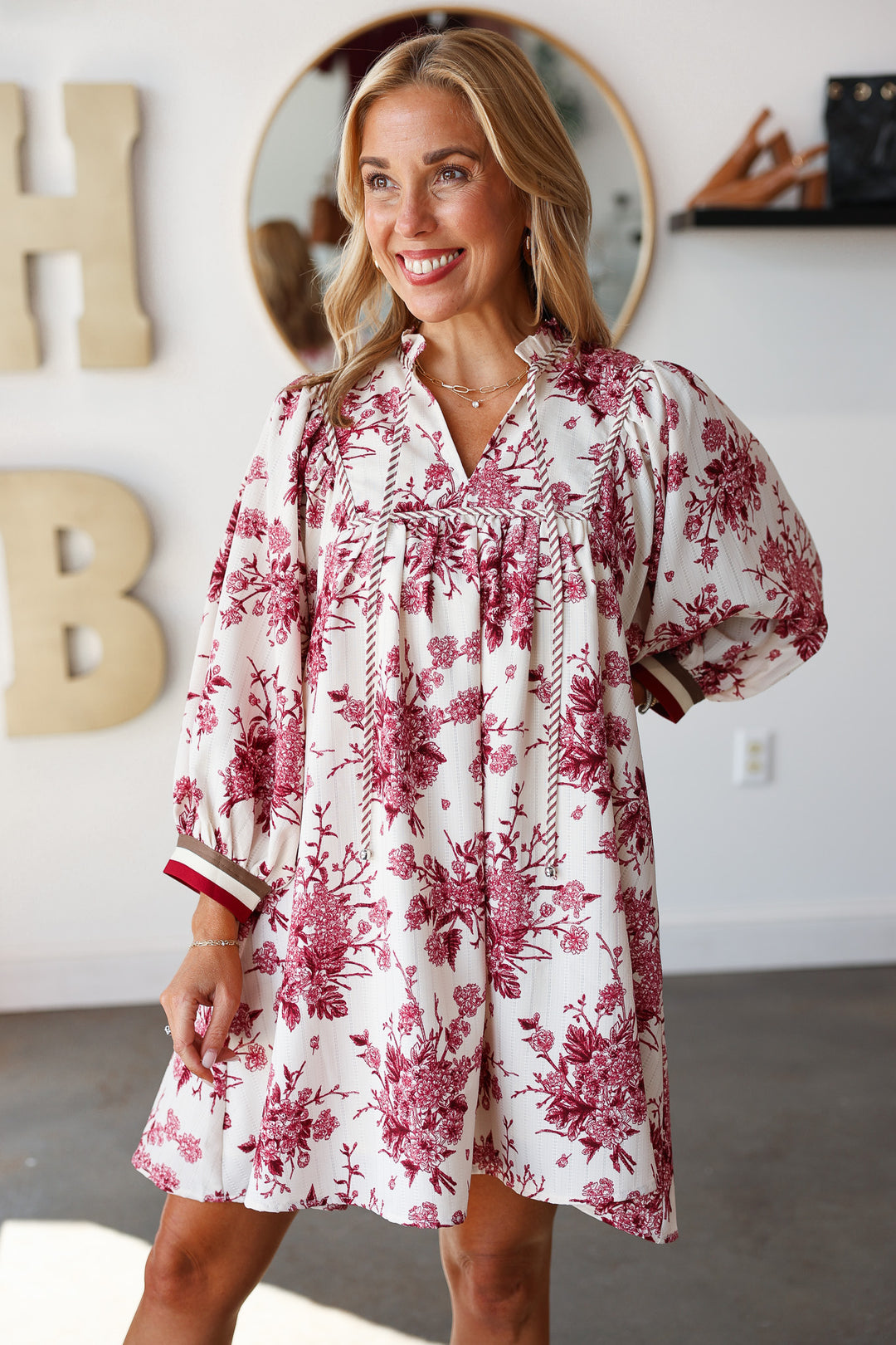 Floral Print Striped Contrast Dress - Burgundy