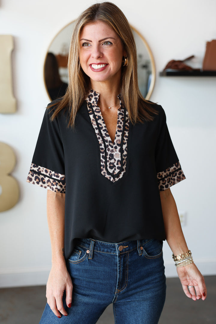 Leopard Trim Top - Black