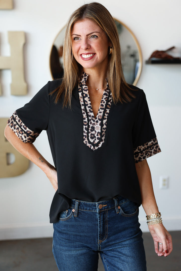 Leopard Trim Top - Black