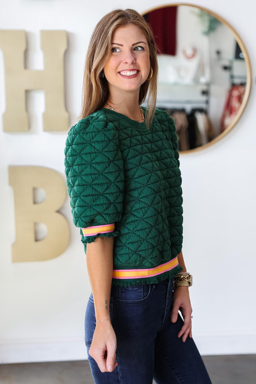 Striped Sleeve Quilted Top - Green