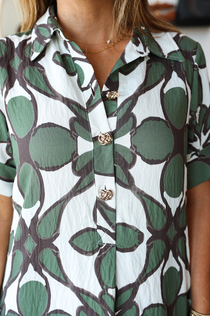 Button Collar Printed Dress - Olive
