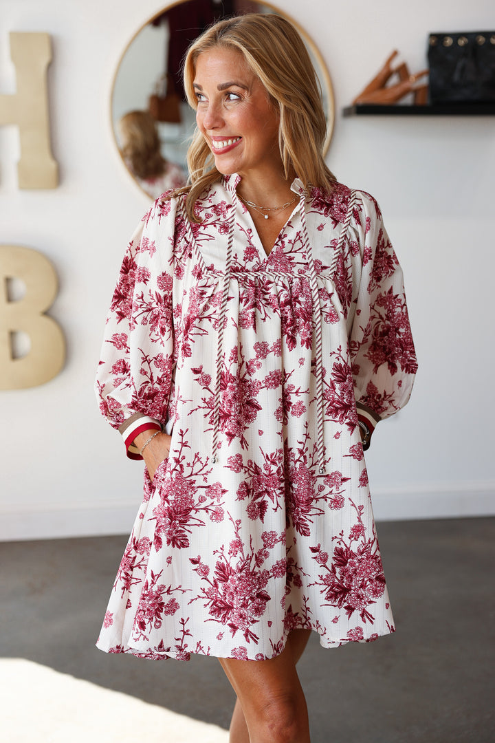 Floral Print Striped Contrast Dress - Burgundy