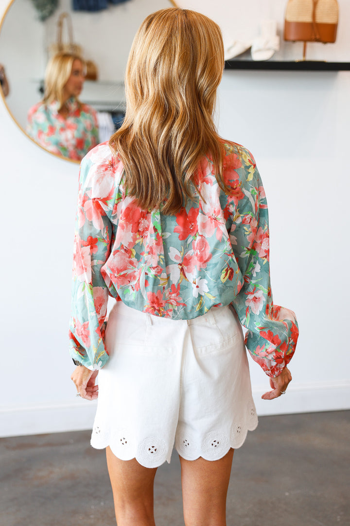 Button Front Floral Top - Seafoam
