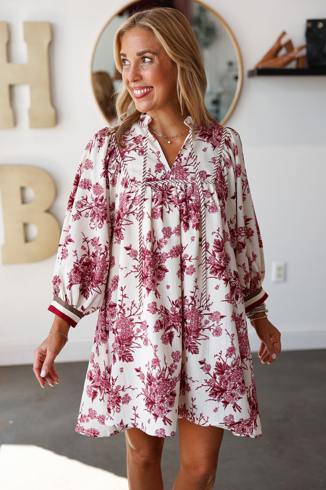 Floral Print Striped Contrast Dress - Burgundy