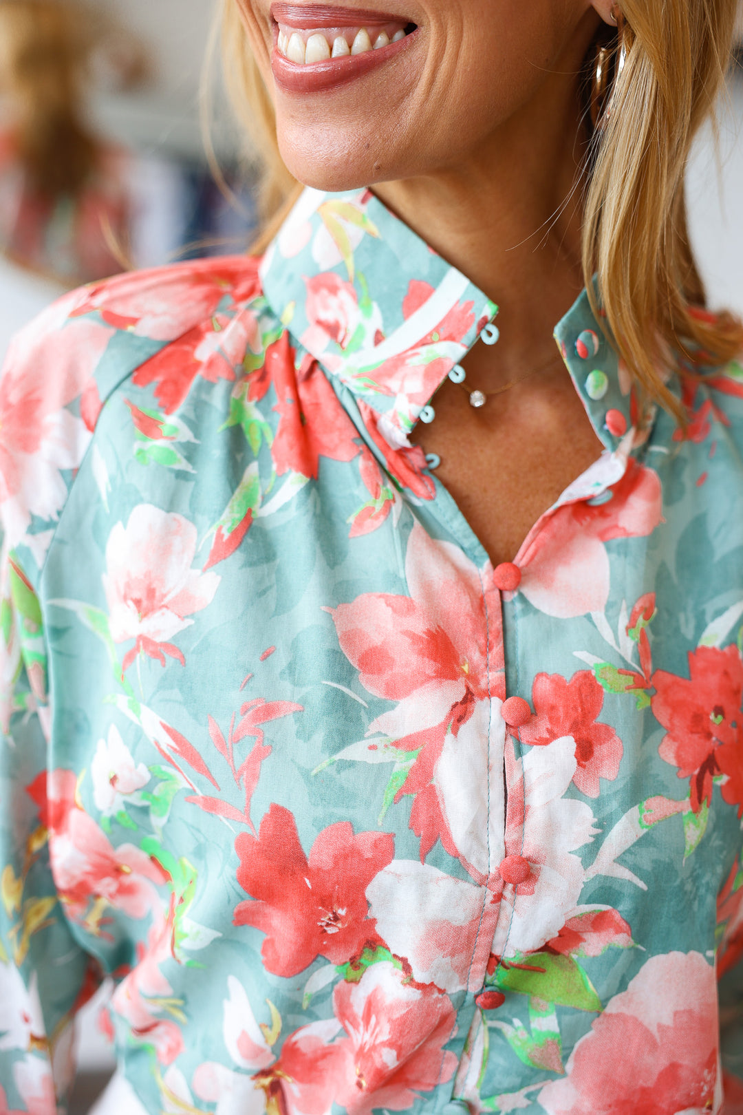 Button Front Floral Top - Seafoam