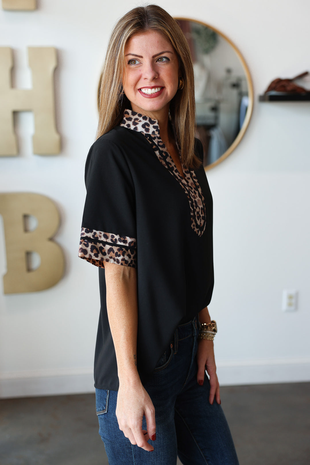 Leopard Trim Top - Black