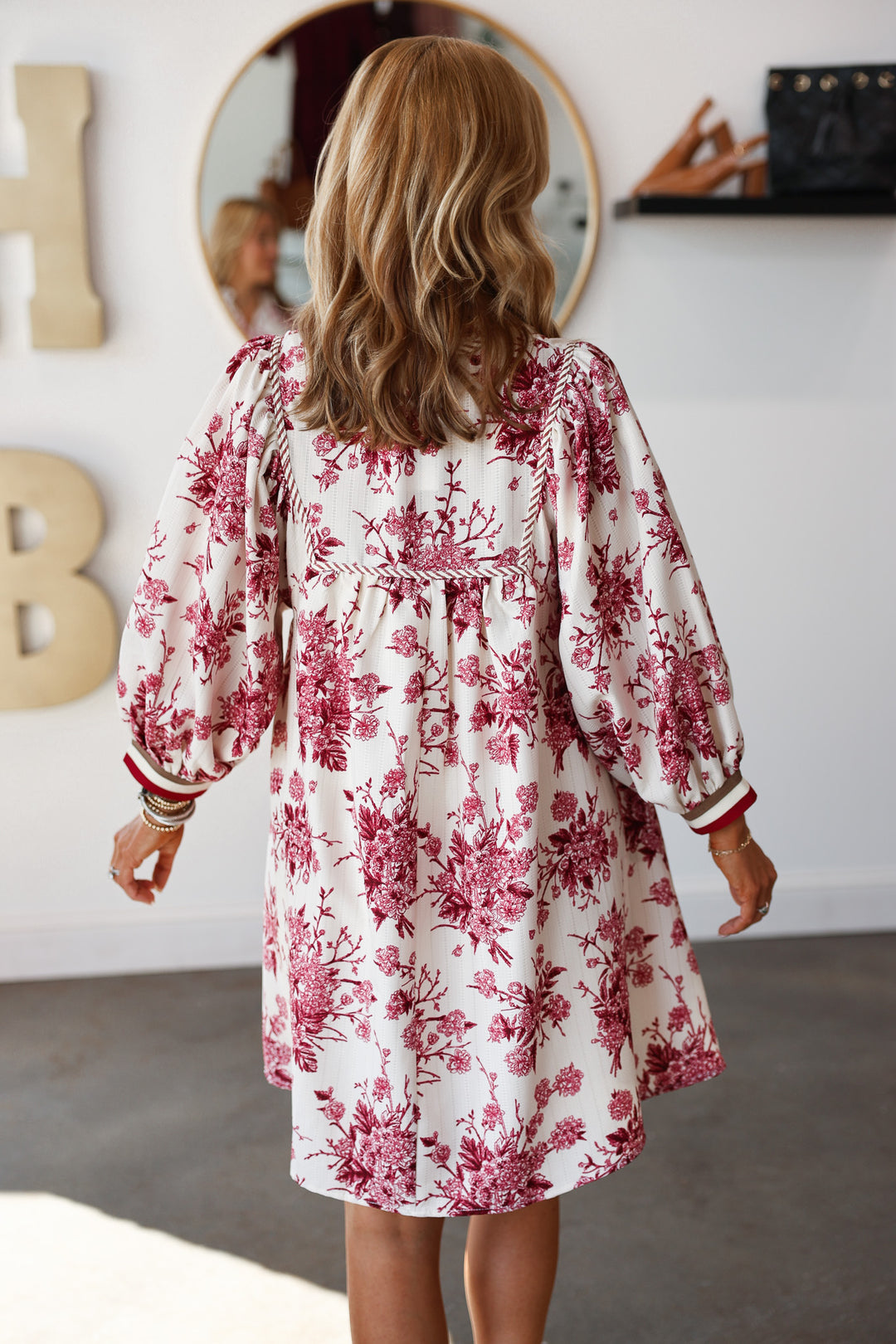 Floral Print Striped Contrast Dress - Burgundy