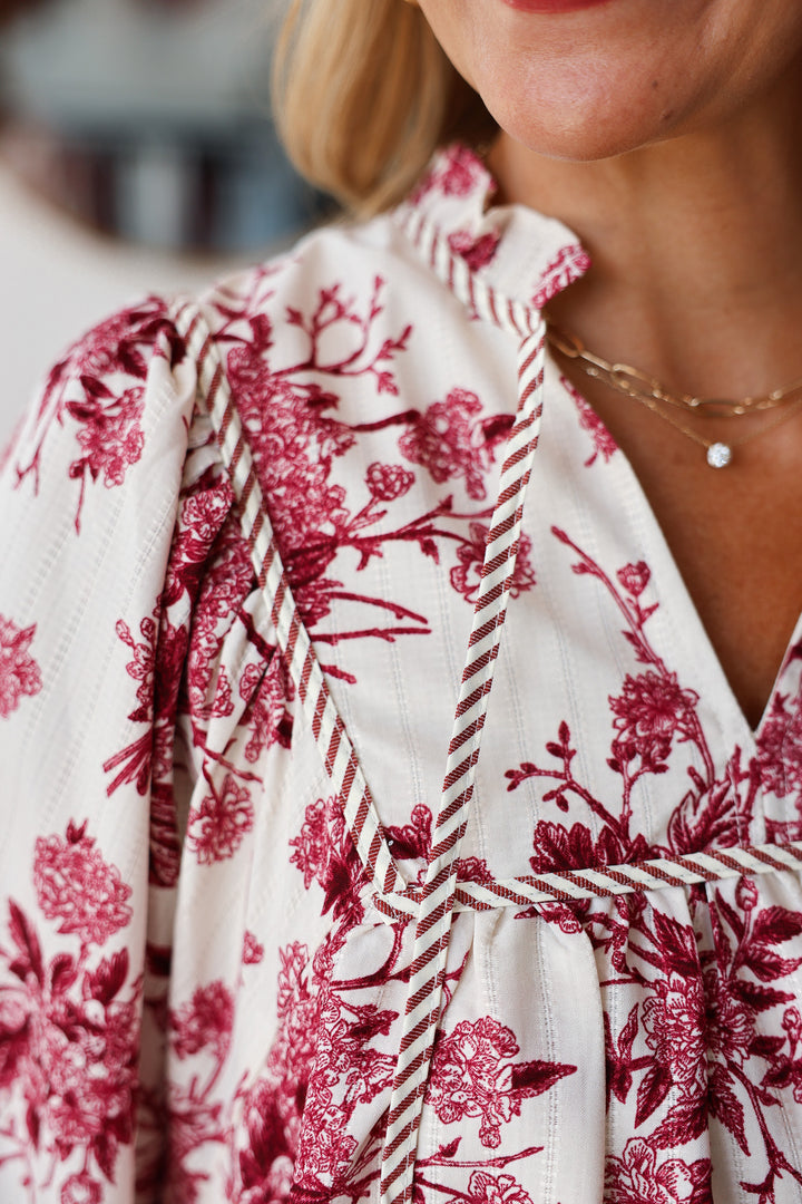 Floral Print Striped Contrast Dress - Burgundy