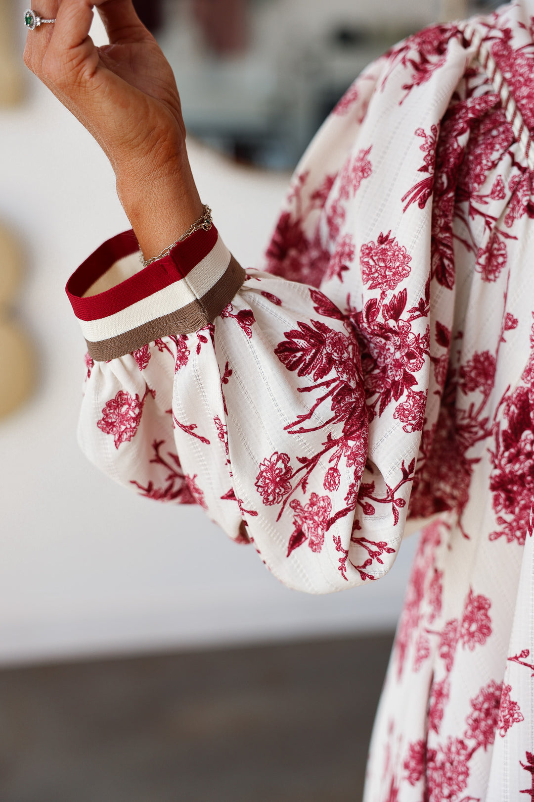 Floral Print Striped Contrast Dress - Burgundy