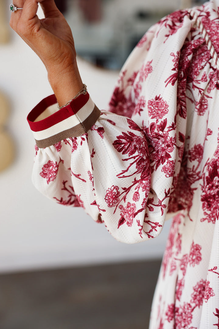 Floral Print Striped Contrast Dress - Burgundy