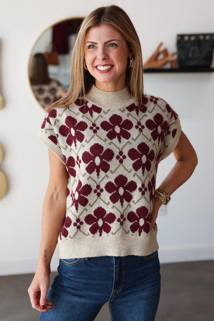 Floral Sleeveless Sweater - Wine