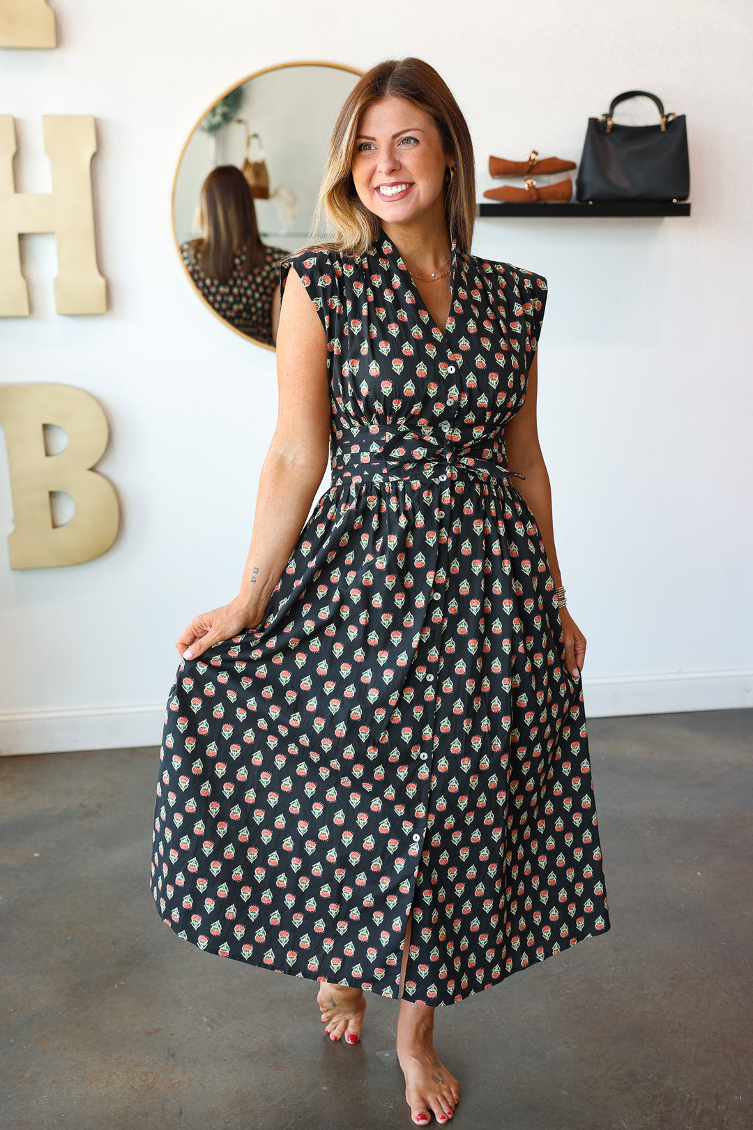 Front Tie Printed Dress - Black