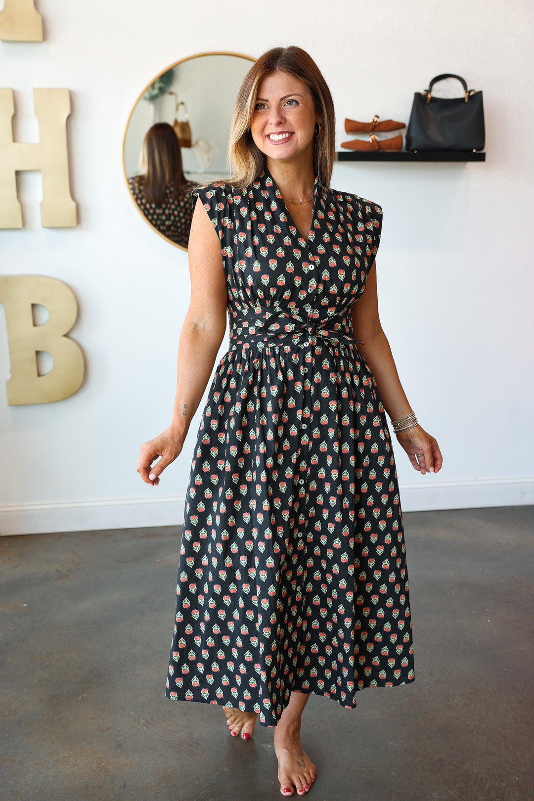 Front Tie Printed Dress - Black