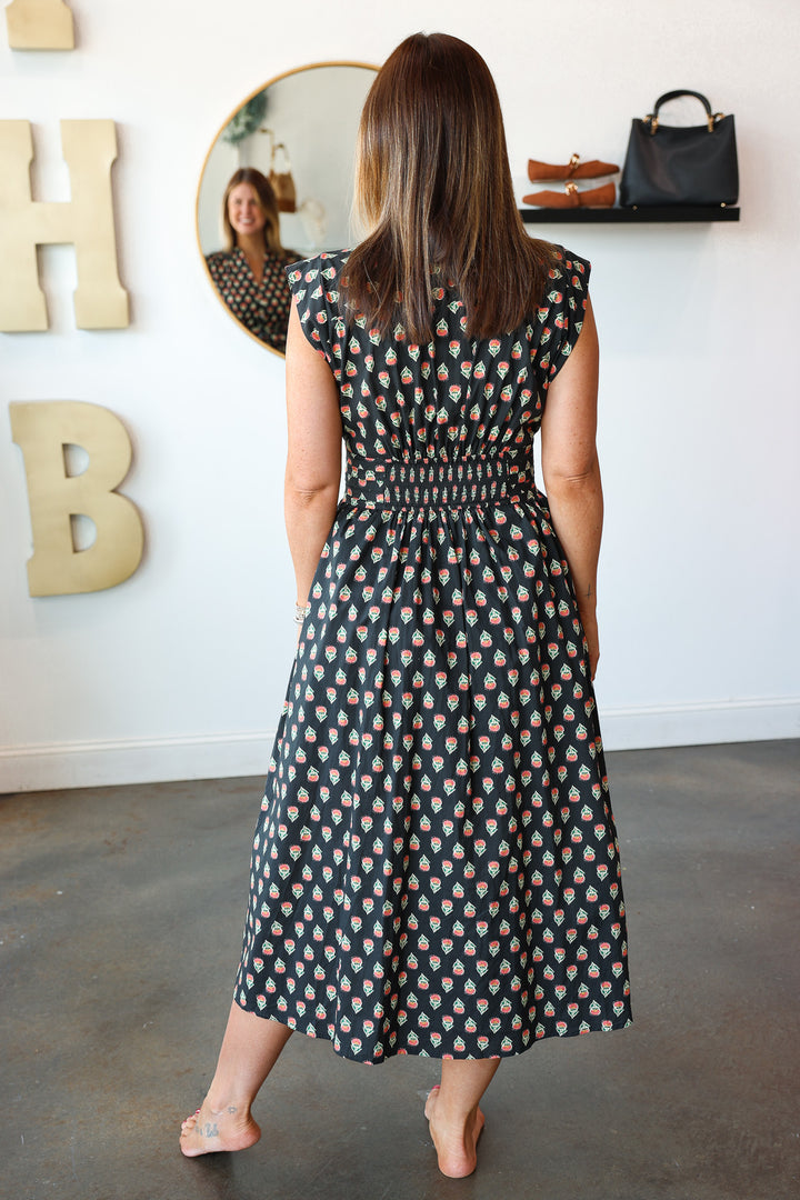 Front Tie Printed Dress - Black