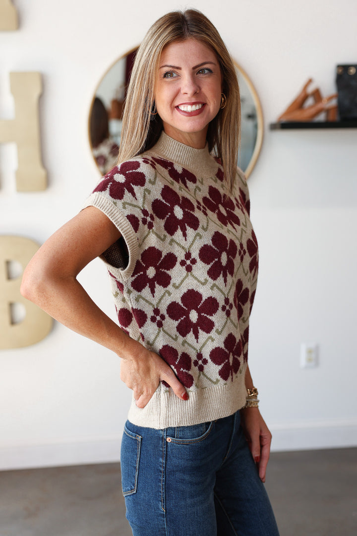 Floral Sleeveless Sweater - Wine