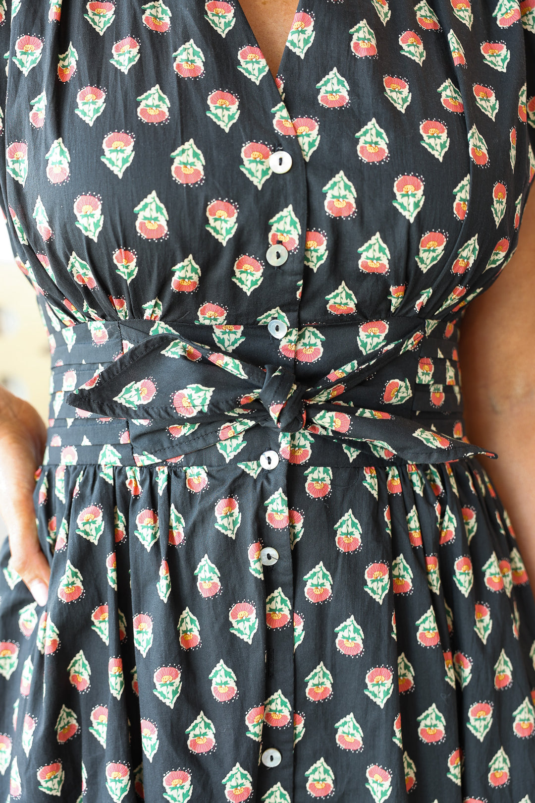 Front Tie Printed Dress - Black