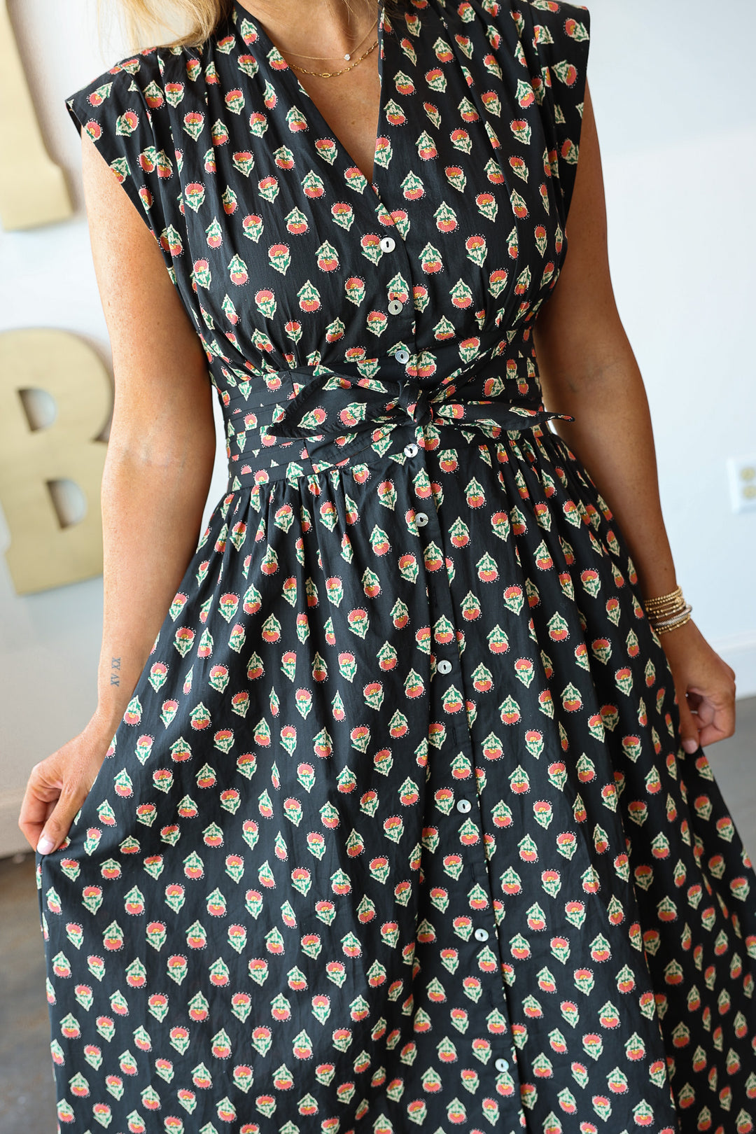 Front Tie Printed Dress - Black