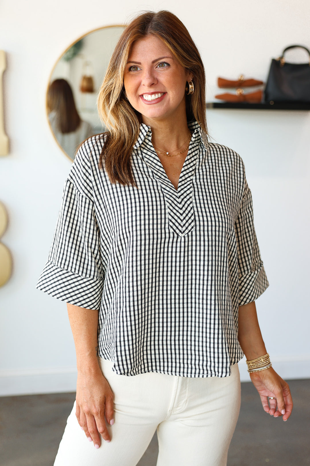 Gingham Half Sleeve Top - Black