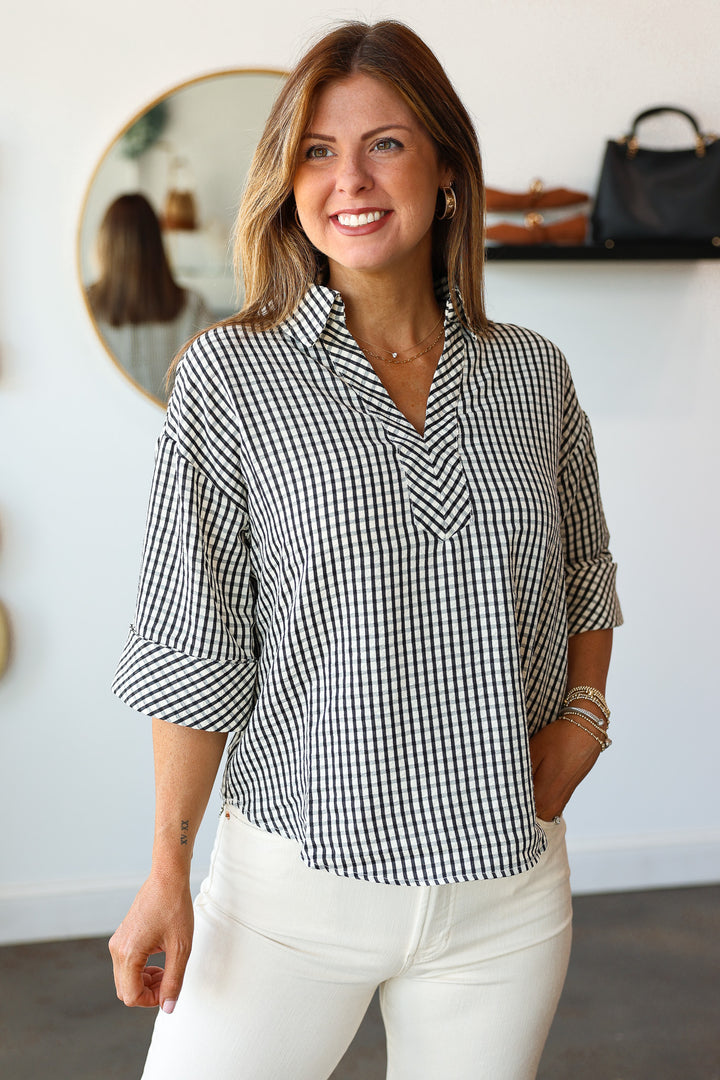 Gingham Half Sleeve Top - Black