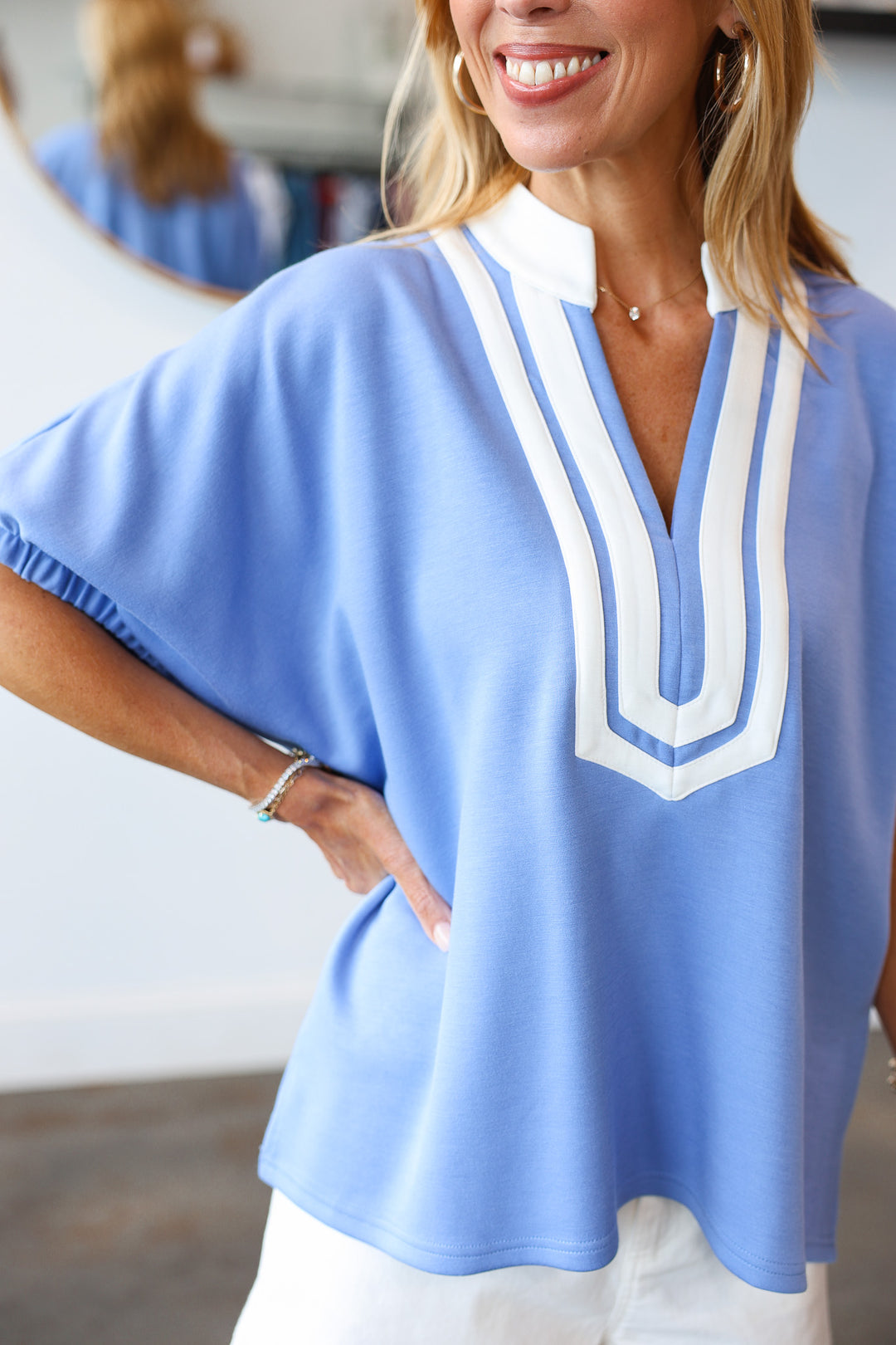 Contrast Trim Top - Blue