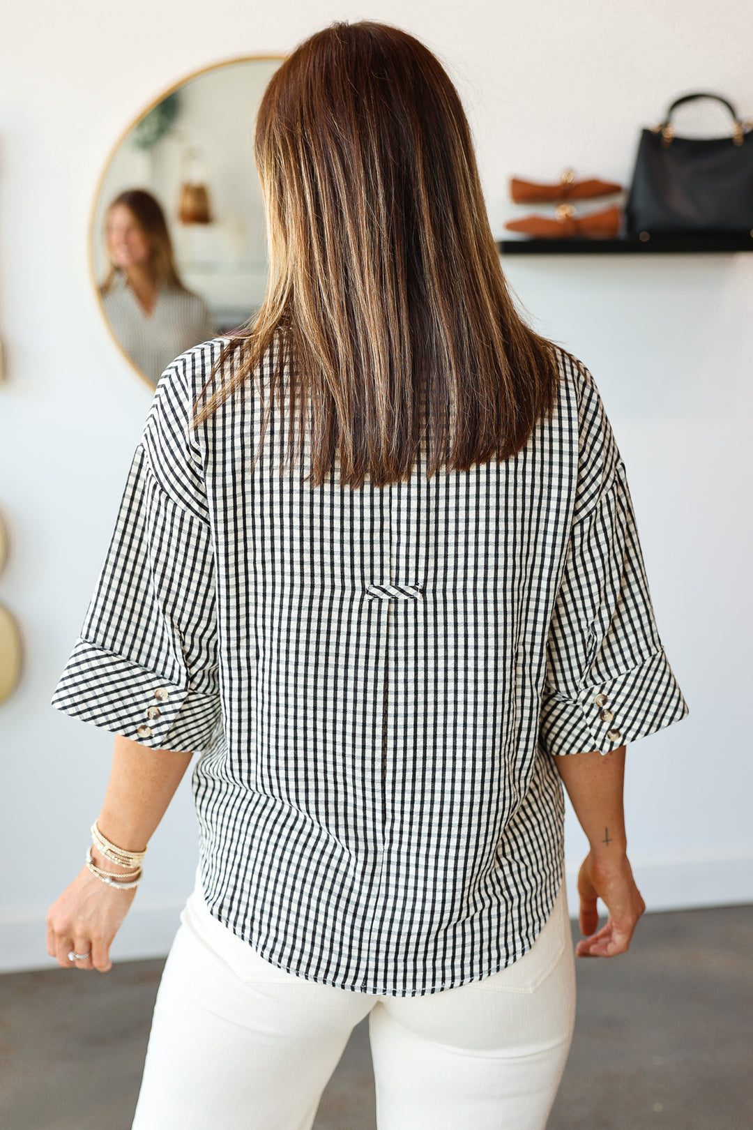 Gingham Half Sleeve Top - Black