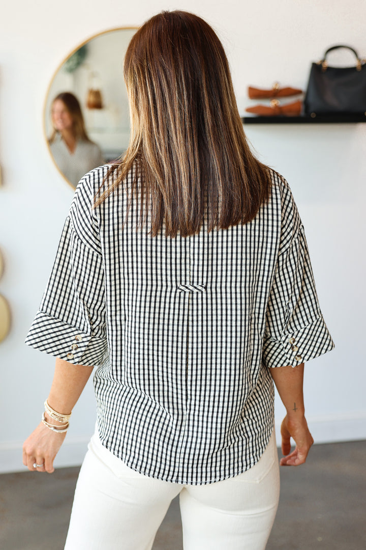 Gingham Half Sleeve Top - Black