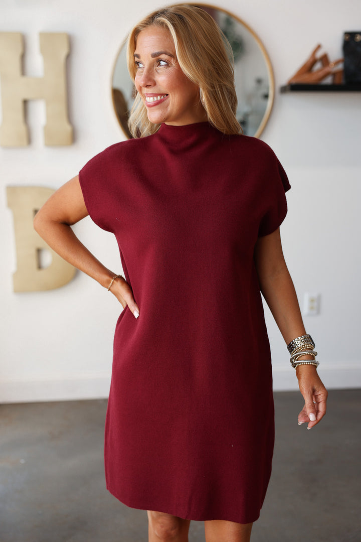 Mock Neck Shift Knit Dress - Burgundy