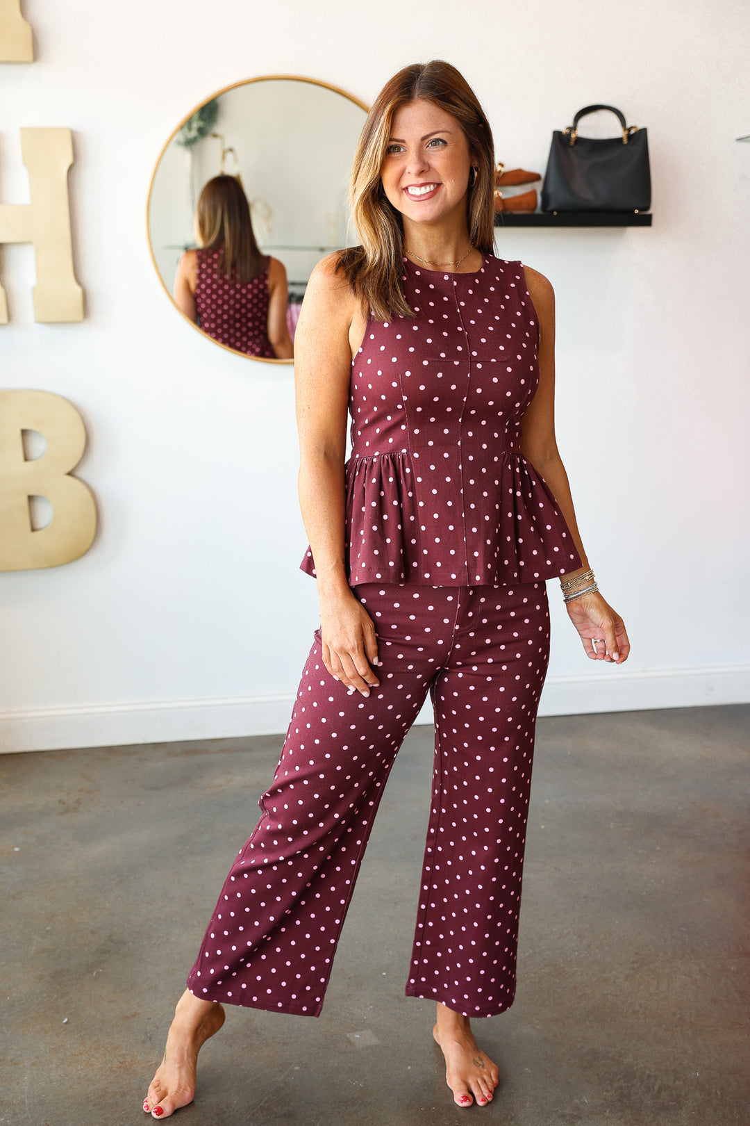 Polka Dot Denim Top - Burgundy