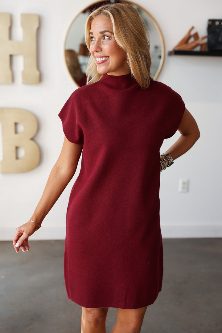 Mock Neck Shift Knit Dress - Burgundy