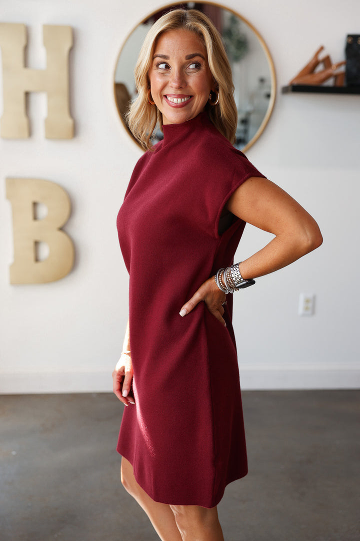 Mock Neck Shift Knit Dress - Burgundy