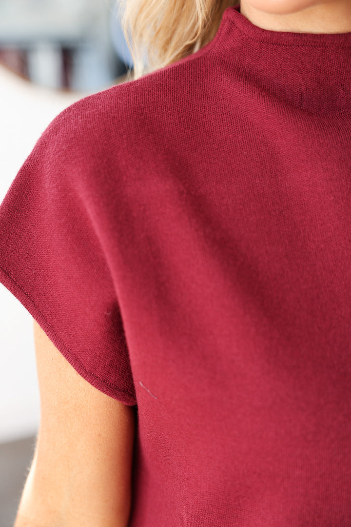 Mock Neck Shift Knit Dress - Burgundy