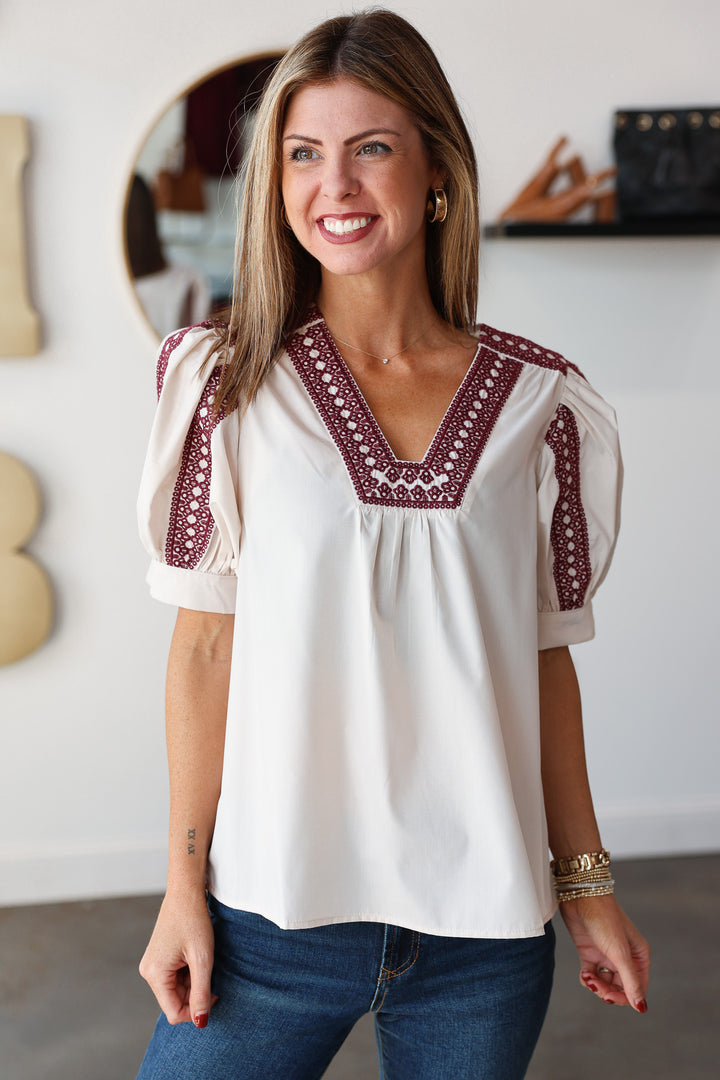 Embroidered Detail Top - Ecru