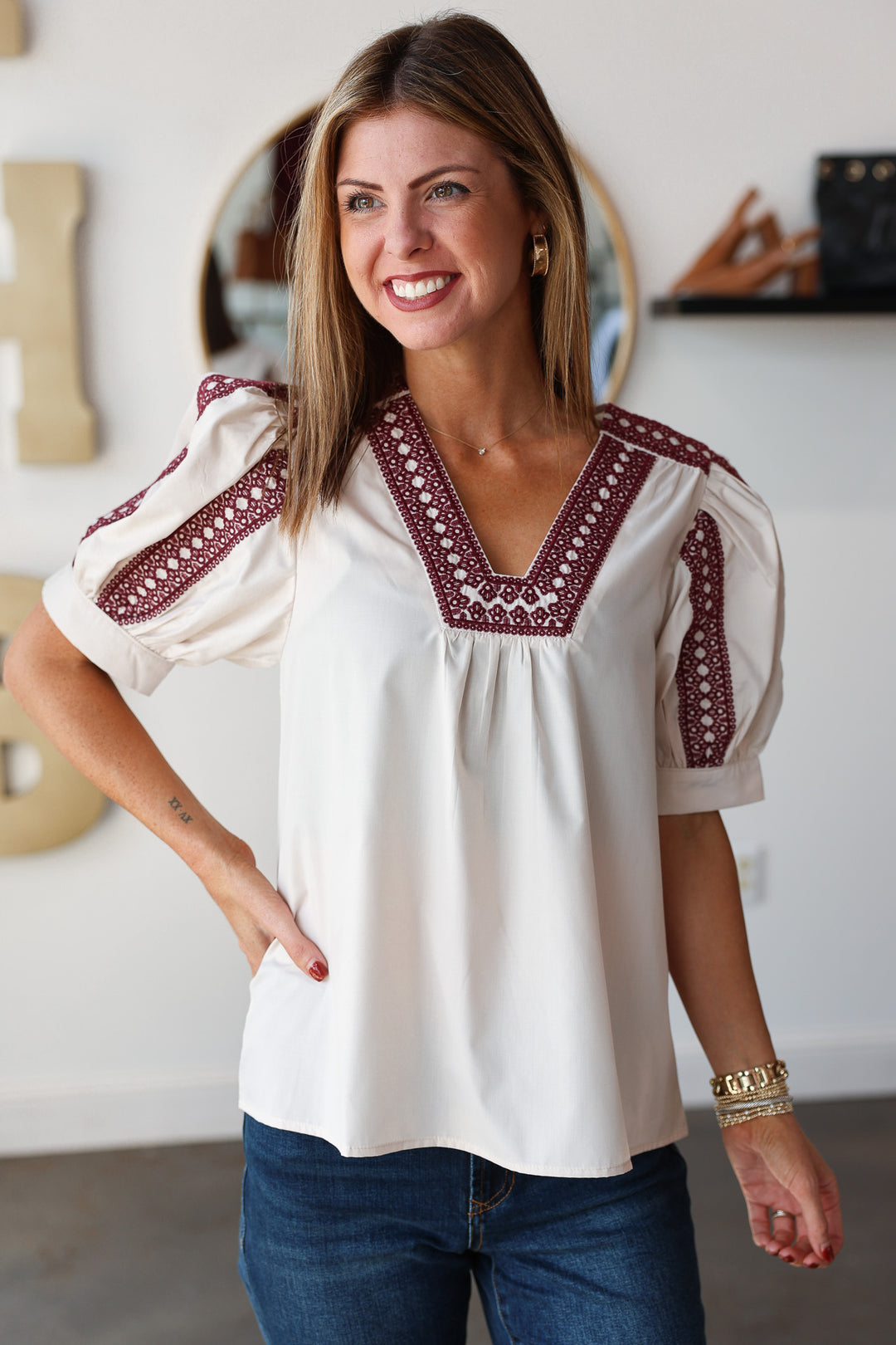 Embroidered Detail Top - Ecru