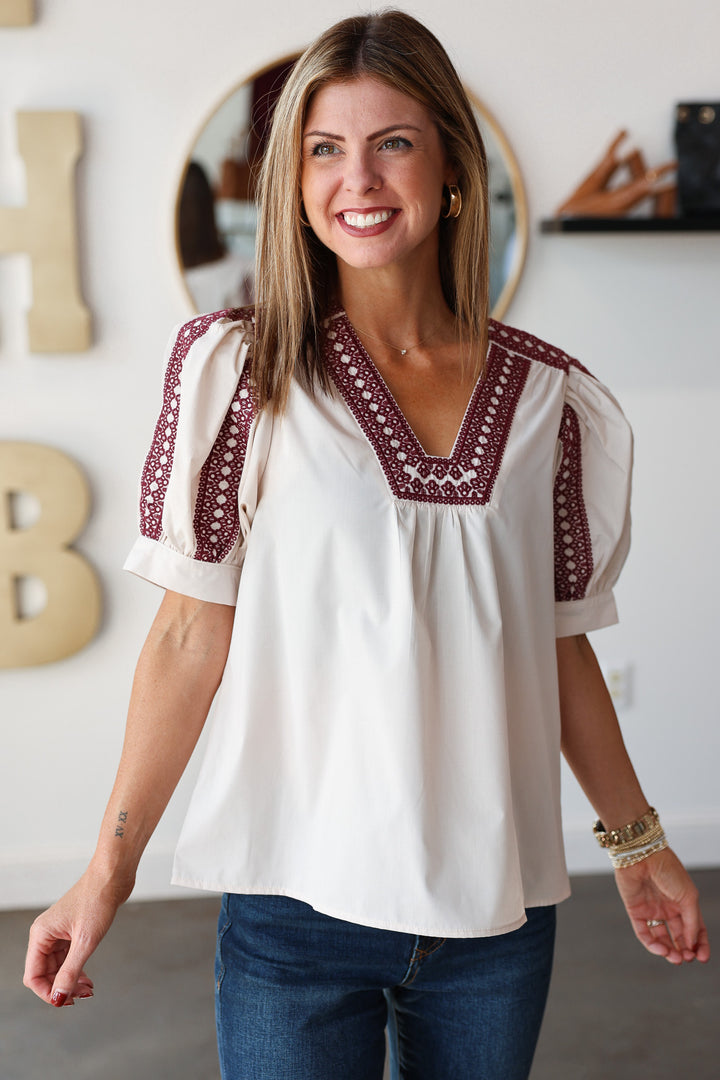 Embroidered Detail Top - Ecru