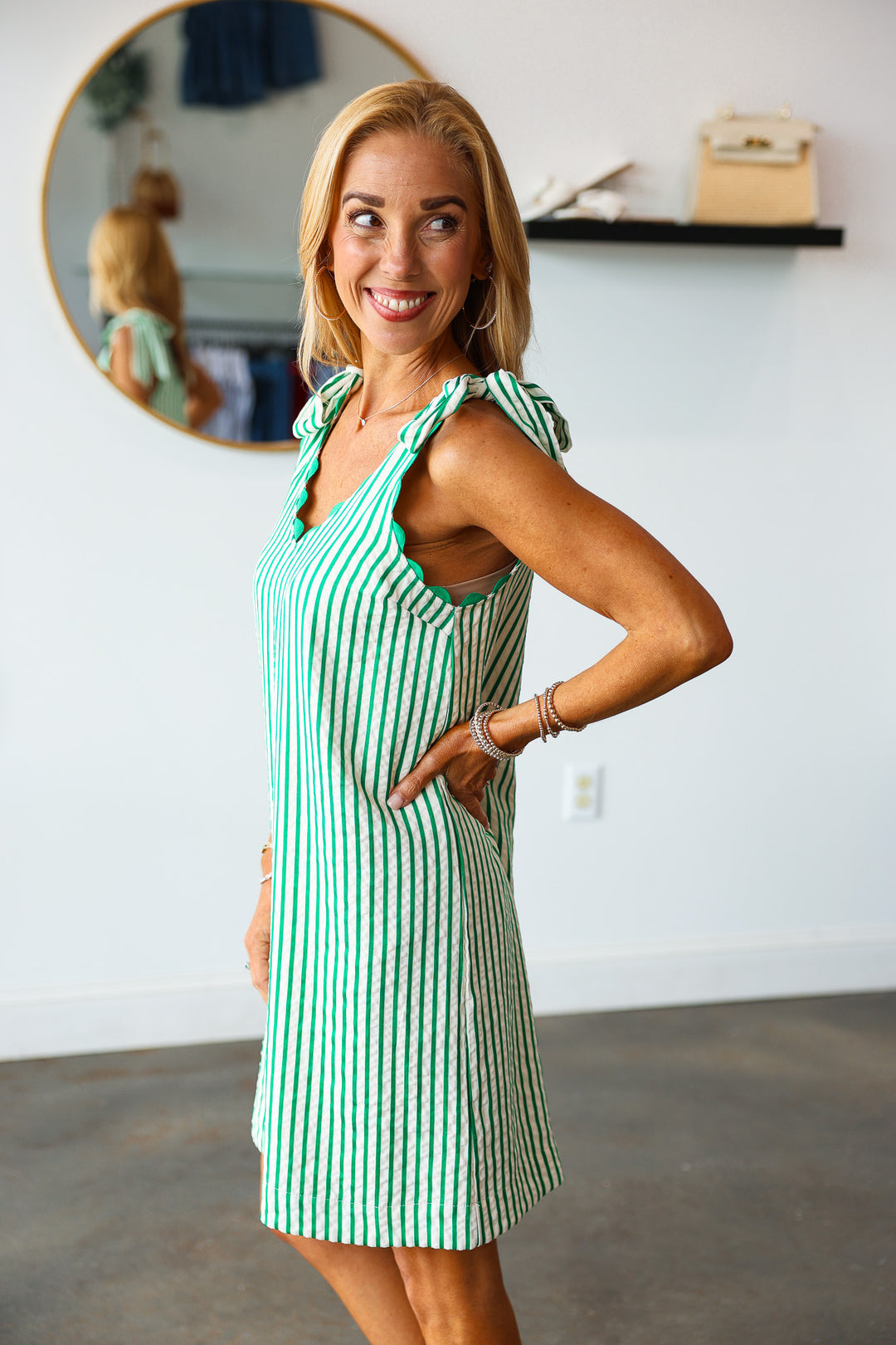 Tie Strap Striped Dress - Green