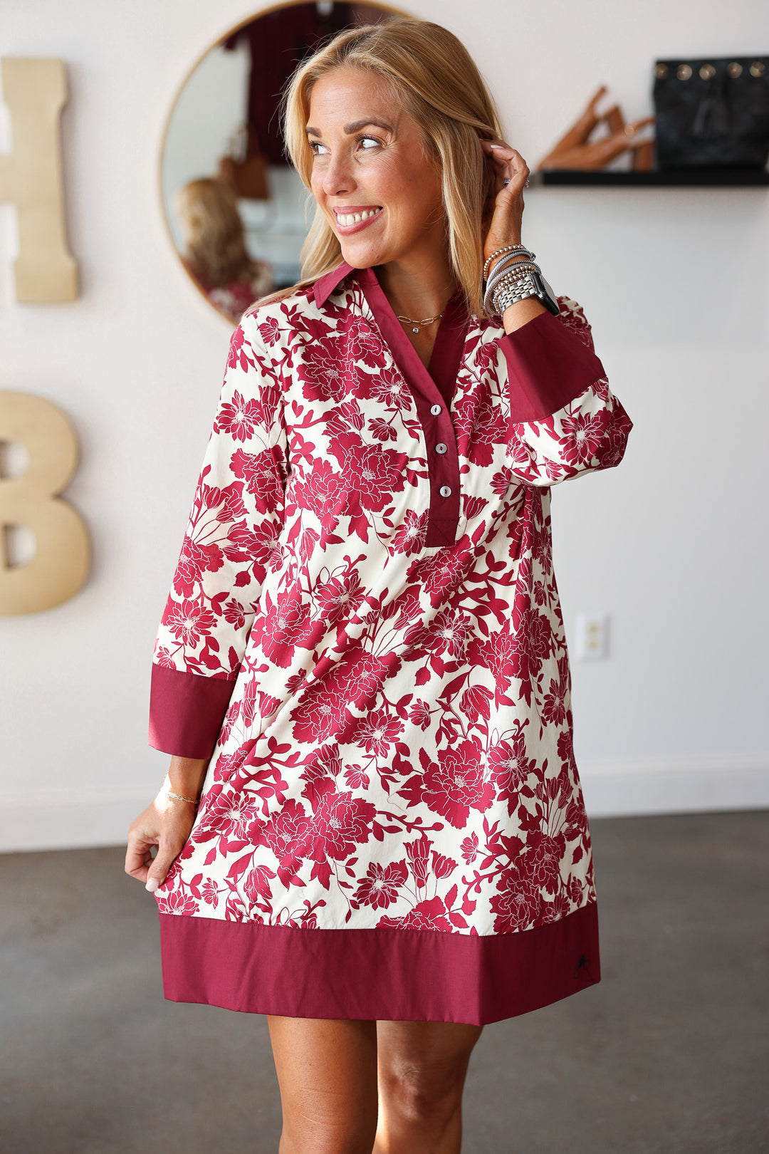 Contrast Trim Dress - Burgundy