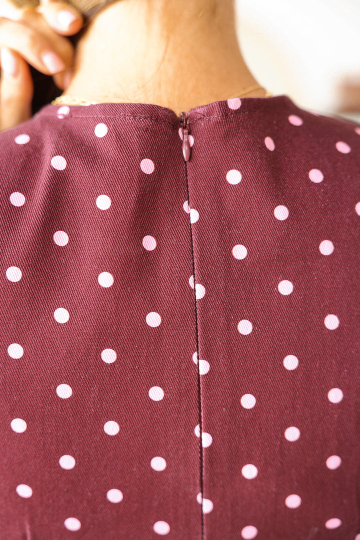 Polka Dot Denim Top - Burgundy