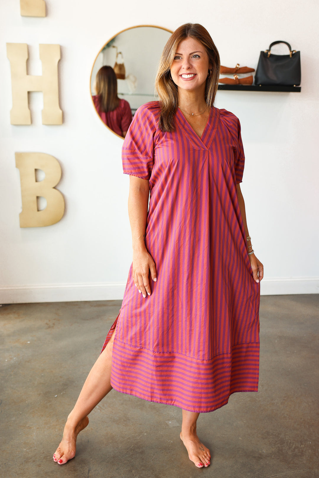 Striped Midi Dress - Plum